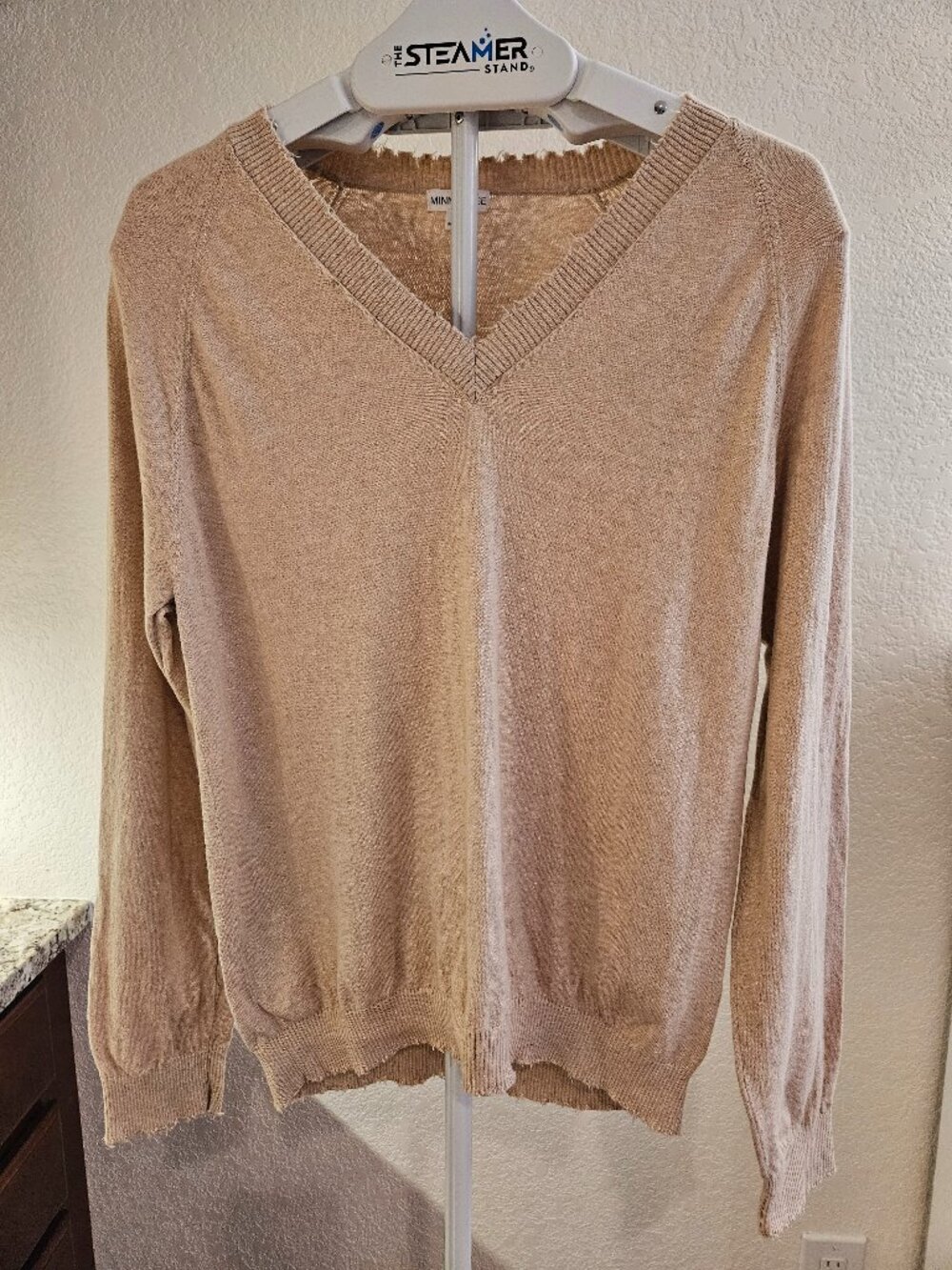 Minnie Rose Cotton Cashmere Frayed V-Neck Sweater in Beige